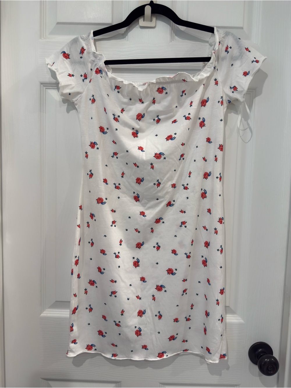 White Ditsy Floral Print Cowl Neck Off Shoulder Short Sleeve Mini Dress